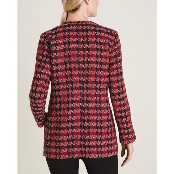 NWT Chicos Long Red Black Tweed Jacket Long Sleeve Open Front Houndstooth Size S - Picture 3 of 14